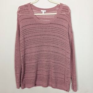 J. Jill L Dark Mauve Open Knit Sweater Crochet Pullover Cotton Nylon Oversized